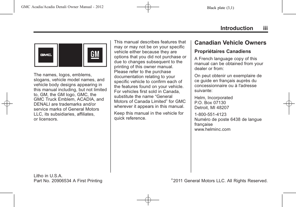 Introduction, Canadian vehicle owners, Introduction iii | GMC 2012 Acadia User Manual | Page 3 / 456