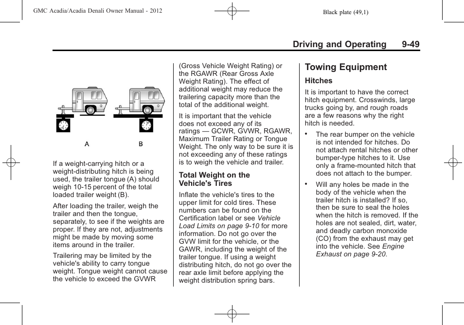 Towing equipment, Towing equipment -49, Driving and operating 9-49 | GMC 2012 Acadia User Manual | Page 303 / 456