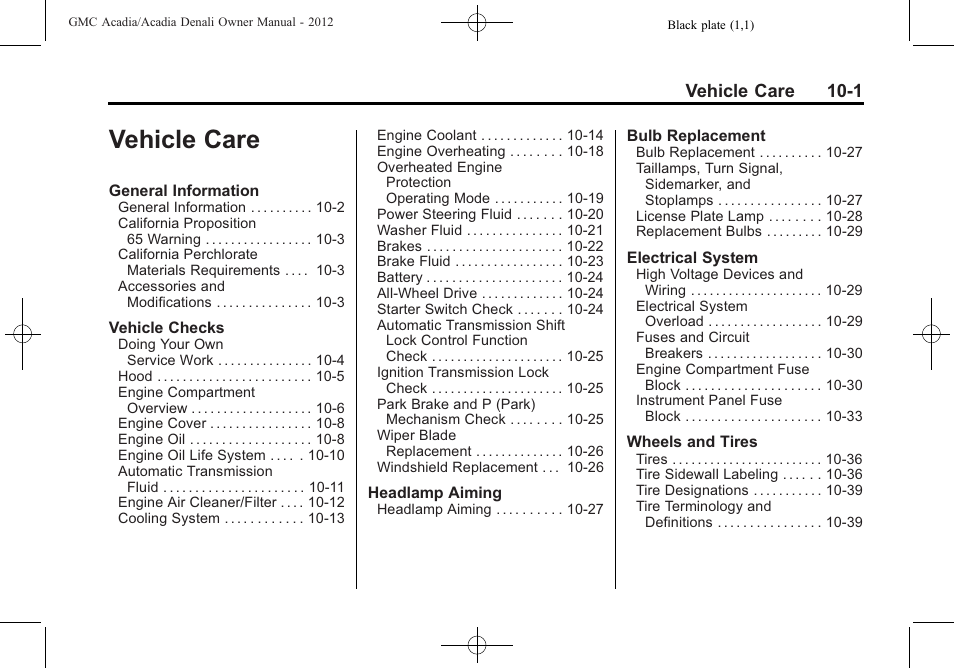 Vehicle care, Vehicle care -1, Vehicle care 10-1 | GMC 2012 Acadia User Manual | Page 307 / 456