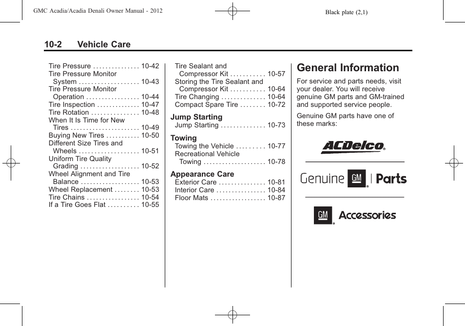 General information, General information -2, General | 2 vehicle care | GMC 2012 Acadia User Manual | Page 308 / 456