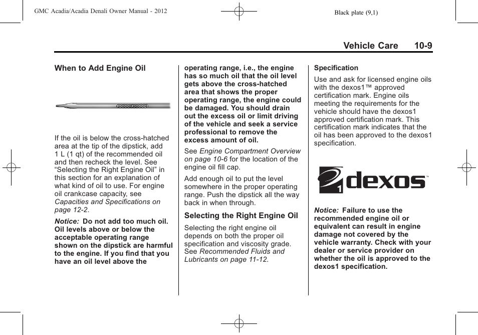 Vehicle care 10-9 | GMC 2012 Acadia User Manual | Page 315 / 456