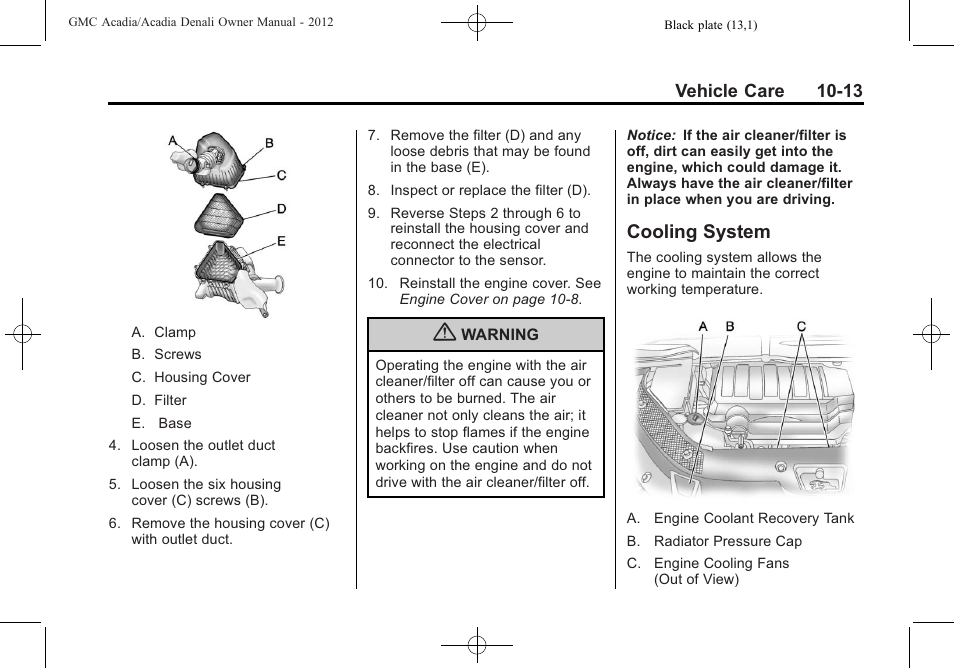 Cooling system, Cooling system -13 | GMC 2012 Acadia User Manual | Page 319 / 456