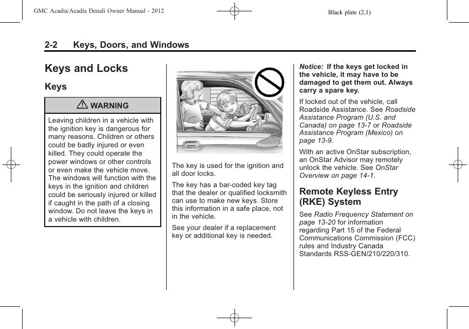 Keys and locks, Keys, Remote keyless entry (rke) system | Keys and locks -2, Information displays, Keys -2 remote keyless entry (rke), System -2 | GMC 2012 Acadia User Manual | Page 32 / 456