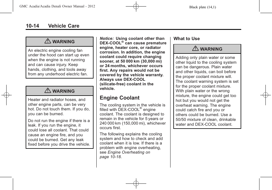 Engine coolant, Engine coolant -14, Bulb replacemen | GMC 2012 Acadia User Manual | Page 320 / 456