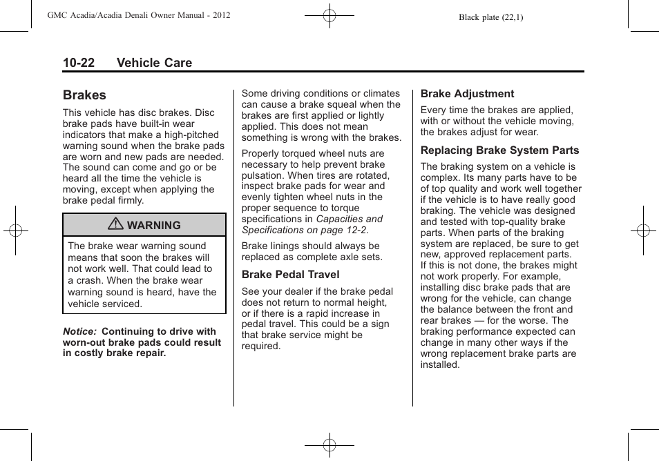 Brakes, Brakes -22 | GMC 2012 Acadia User Manual | Page 328 / 456