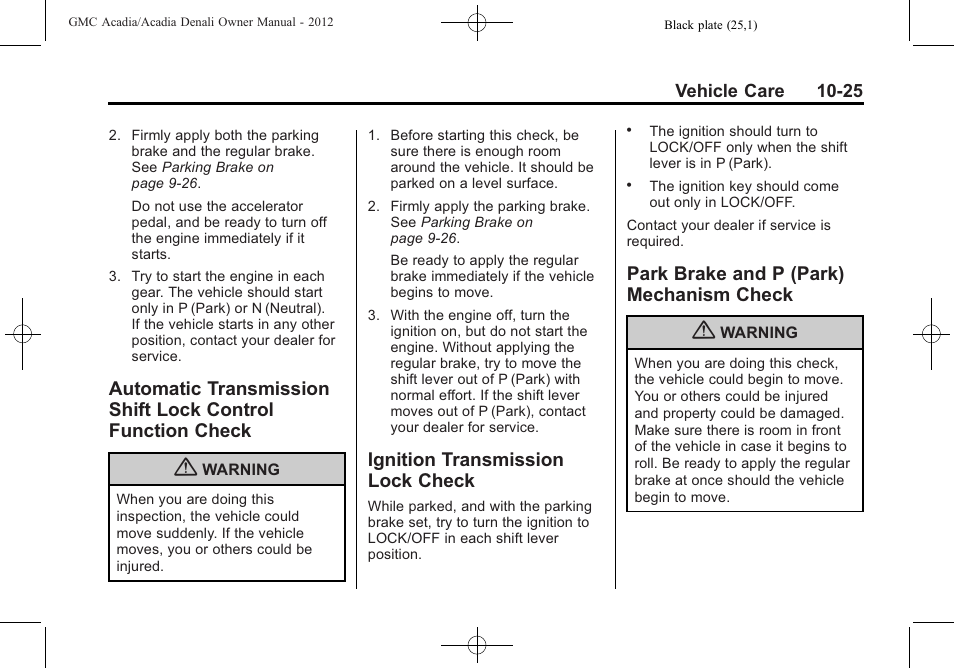 Ignition transmission lock check, Park brake and p (park) mechanism check, Automatic transmission shift | Lock control function check -25, Ignition transmission lock, Check -25, Park brake and p (park), Mechanism check -25 | GMC 2012 Acadia User Manual | Page 331 / 456
