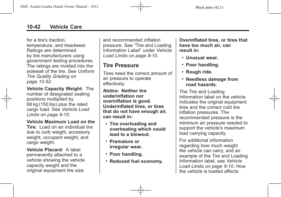 Tire pressure, Tire pressure -42, 42 vehicle care | GMC 2012 Acadia User Manual | Page 348 / 456