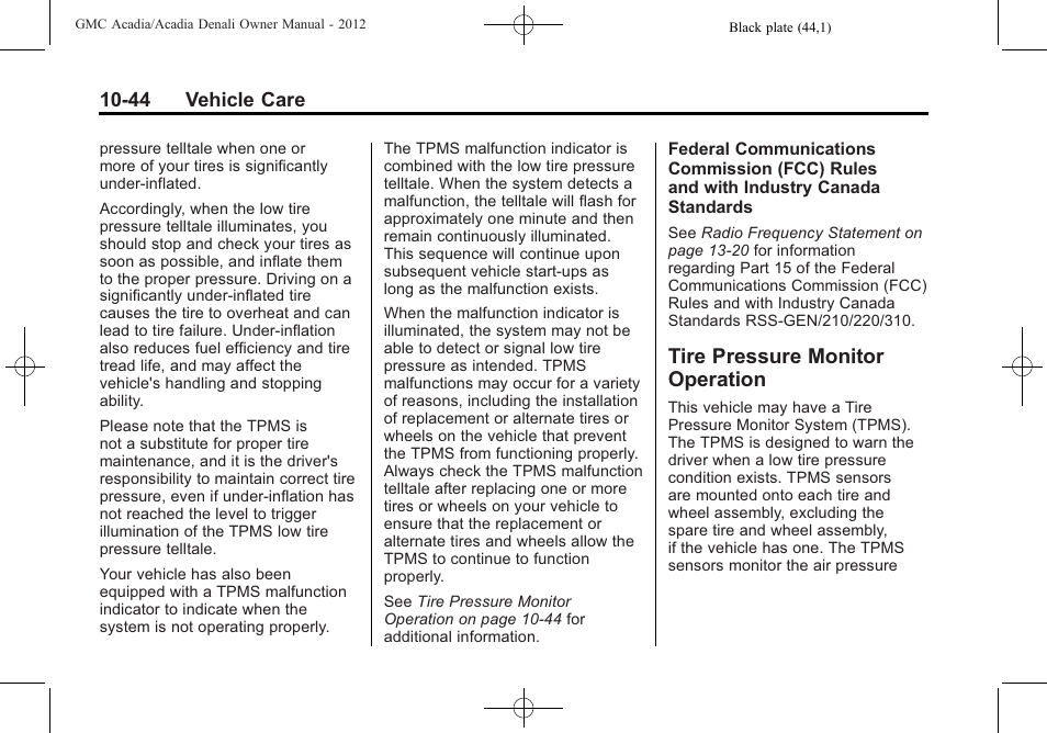 Tire pressure monitor operation, Tire pressure monitor, Operation -44 | GMC 2012 Acadia User Manual | Page 350 / 456