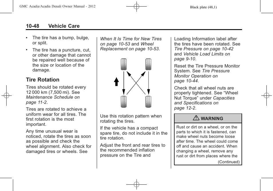 Tire rotation, Tire rotation -48 | GMC 2012 Acadia User Manual | Page 354 / 456