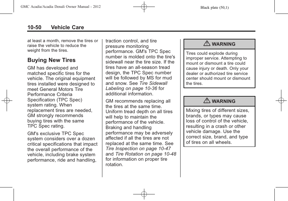 Buying new tires, Buying new tires -50 | GMC 2012 Acadia User Manual | Page 356 / 456