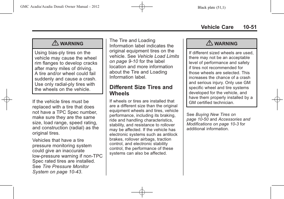Different size tires and wheels, Different size tires and, Wheels -51 | GMC 2012 Acadia User Manual | Page 357 / 456