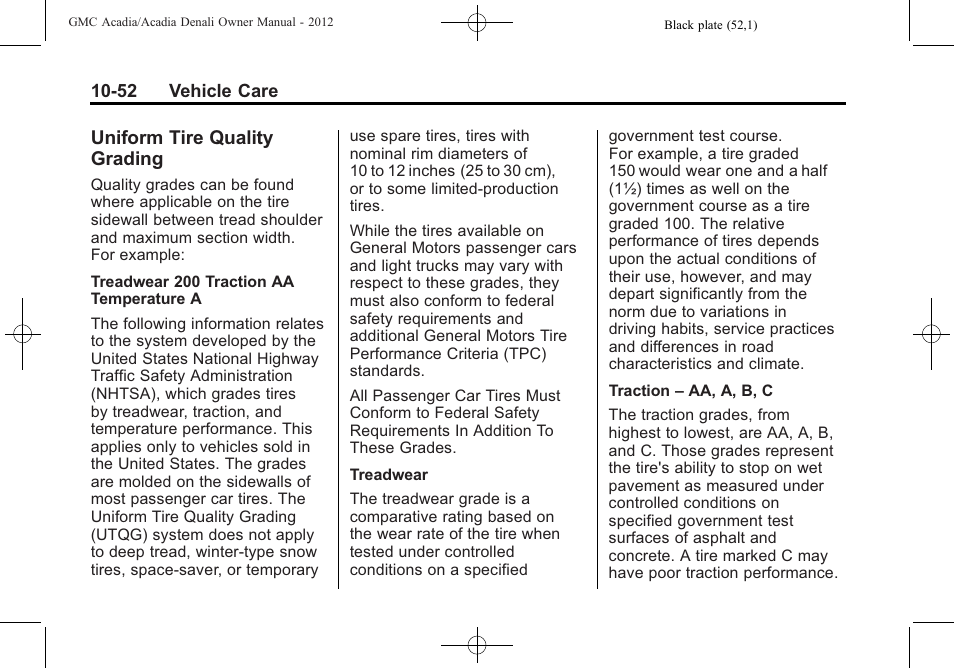 Uniform tire quality grading, Uniform tire quality, Grading -52 | GMC 2012 Acadia User Manual | Page 358 / 456