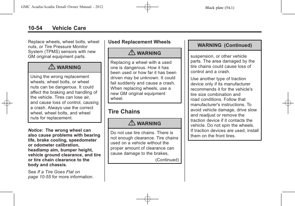 Tire chains, Tire chains -54 | GMC 2012 Acadia User Manual | Page 360 / 456