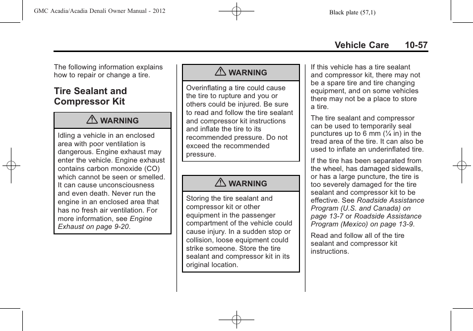 Tire sealant and compressor kit, Ire sealant and, Compressor kit -57 | GMC 2012 Acadia User Manual | Page 363 / 456