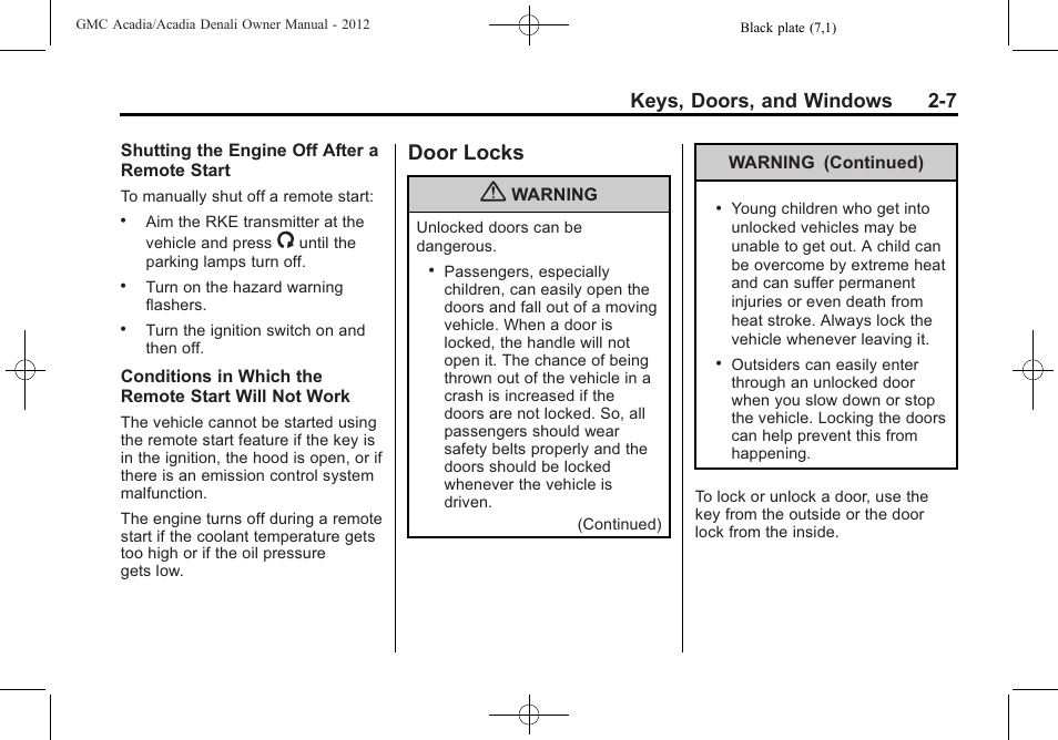 Door locks, Door locks -7, Keys, doors, and windows 2-7 | GMC 2012 Acadia User Manual | Page 37 / 456