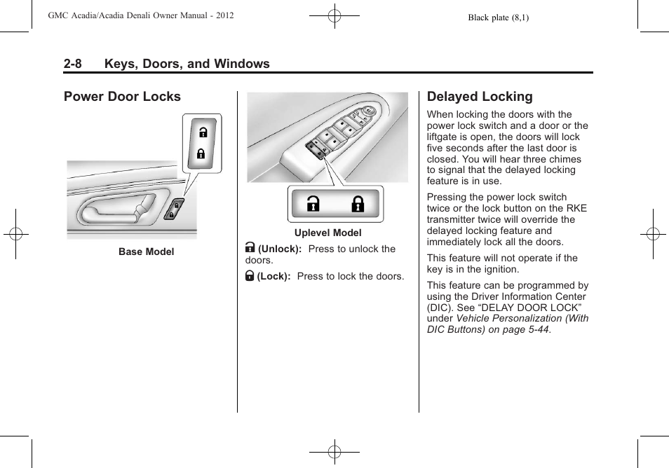 Power door locks, Delayed locking, Power door locks -8 delayed locking -8 | GMC 2012 Acadia User Manual | Page 38 / 456