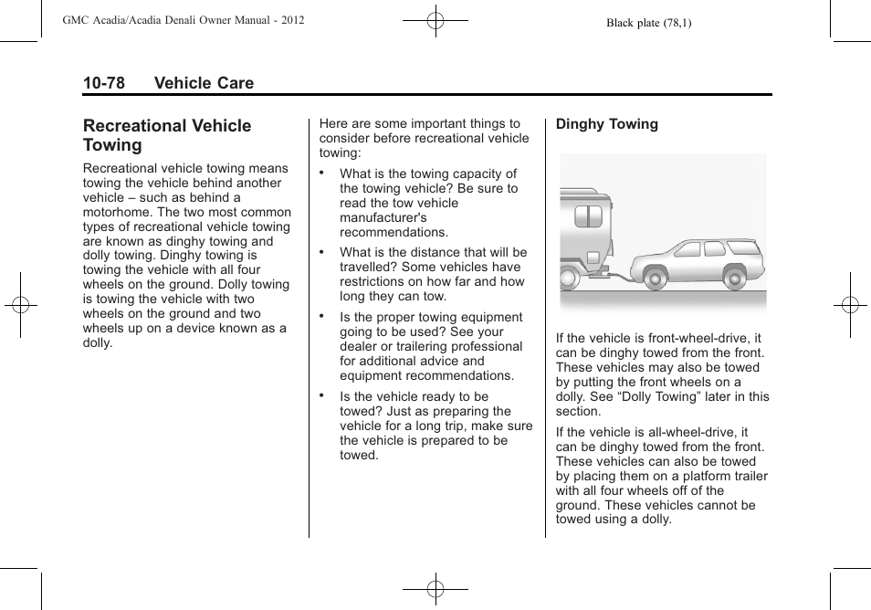 Recreational vehicle towing, Recreational vehicle, Towing -78 | 78 vehicle care | GMC 2012 Acadia User Manual | Page 384 / 456