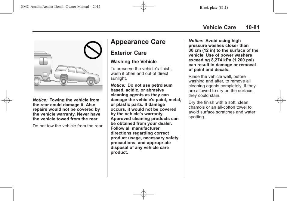 Appearance care, Exterior care, Appearance care -81 | Maintenance records -14, Onstar, Exterior care -81 | GMC 2012 Acadia User Manual | Page 387 / 456