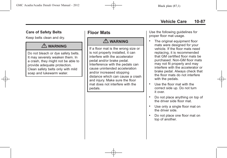 Floor mats, Floor mats -87, Vehicle care 10-87 | GMC 2012 Acadia User Manual | Page 393 / 456