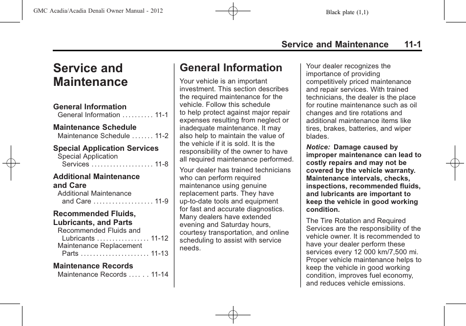 Service and maintenance, General information, Service and maintenance -1 | Information -1 | GMC 2012 Acadia User Manual | Page 395 / 456