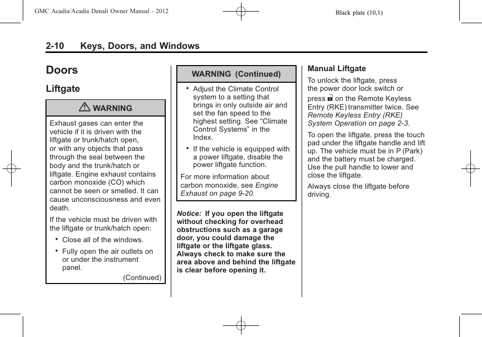 Doors, Liftgate, Doors -10 | Vehicle, Liftgate -10, Manual | GMC 2012 Acadia User Manual | Page 40 / 456