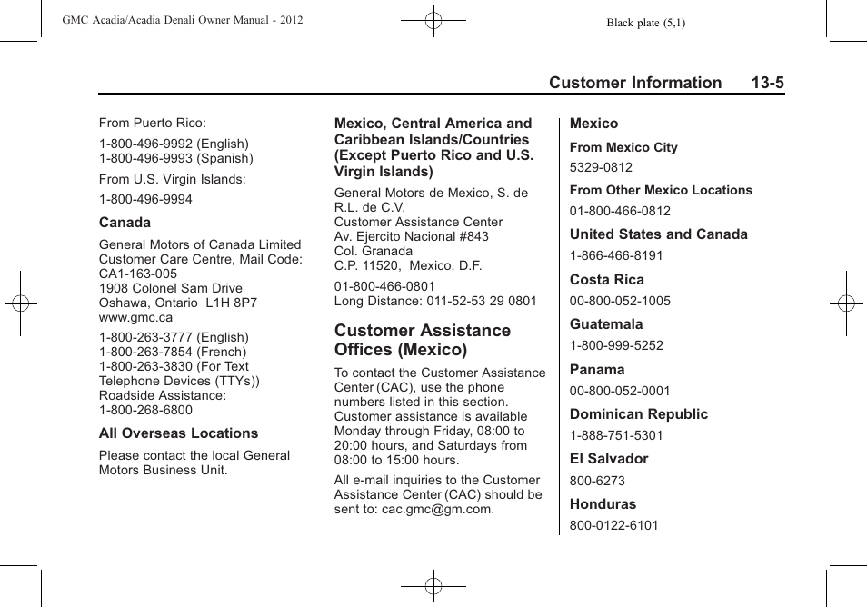 Customer assistance offices (mexico), Customer assistance offices, Mexico) -5 | Reporting safety, Customer information 13-5 | GMC 2012 Acadia User Manual | Page 421 / 456