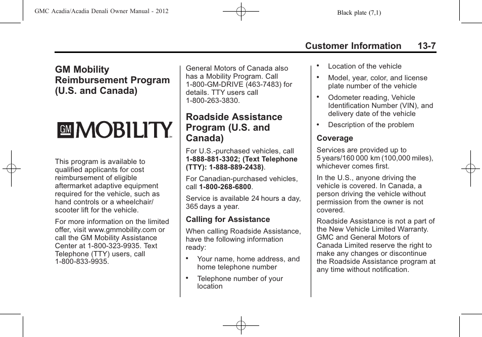 Roadside assistance program (u.s. and canada), Gm mobility reimbursement, Program (u.s. and canada) -7 | Roadside assistance program, U.s. and canada) -7, Navigation, Customer information 13-7 | GMC 2012 Acadia User Manual | Page 423 / 456