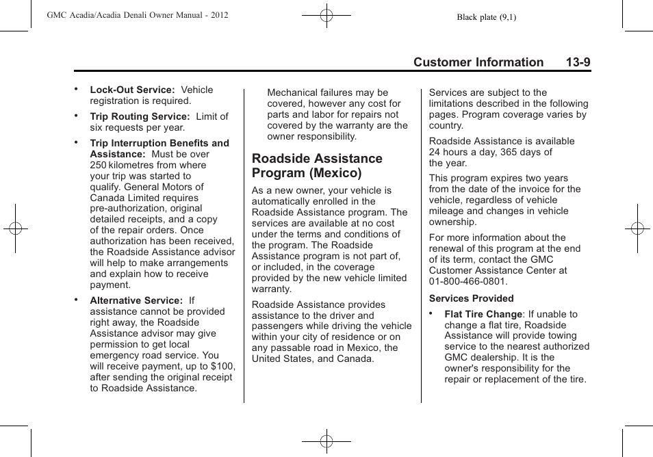 Roadside assistance program (mexico), Roadside assistance program, Mexico) -9 | Customer information 13-9 | GMC 2012 Acadia User Manual | Page 425 / 456