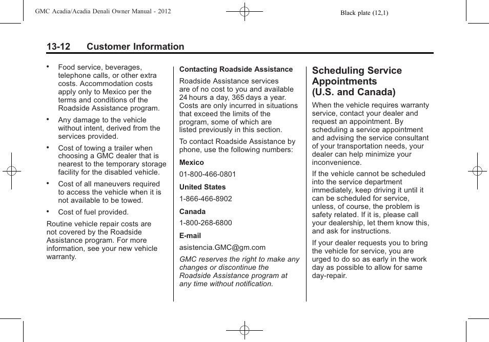 Scheduling service appointments (u.s. and canada), Scheduling service, Appointments (u.s. and canada) -12 | 12 customer information | GMC 2012 Acadia User Manual | Page 428 / 456