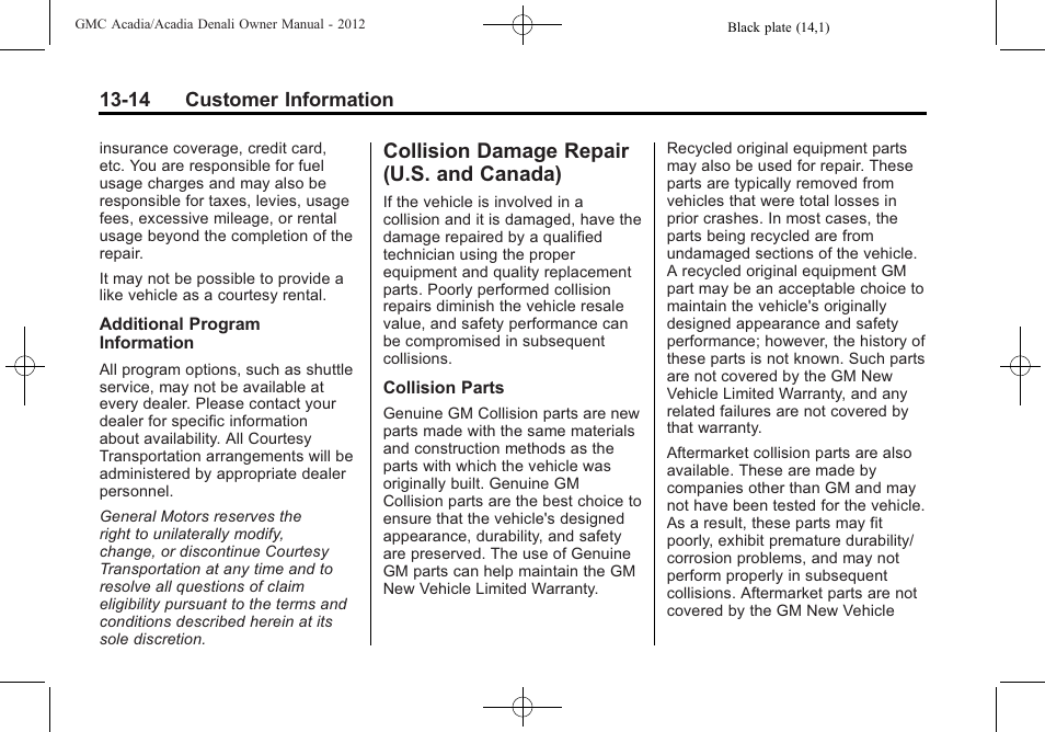 Collision damage repair (u.s. and canada), Collision damage repair, U.s. and canada) -14 | Procedure | GMC 2012 Acadia User Manual | Page 430 / 456