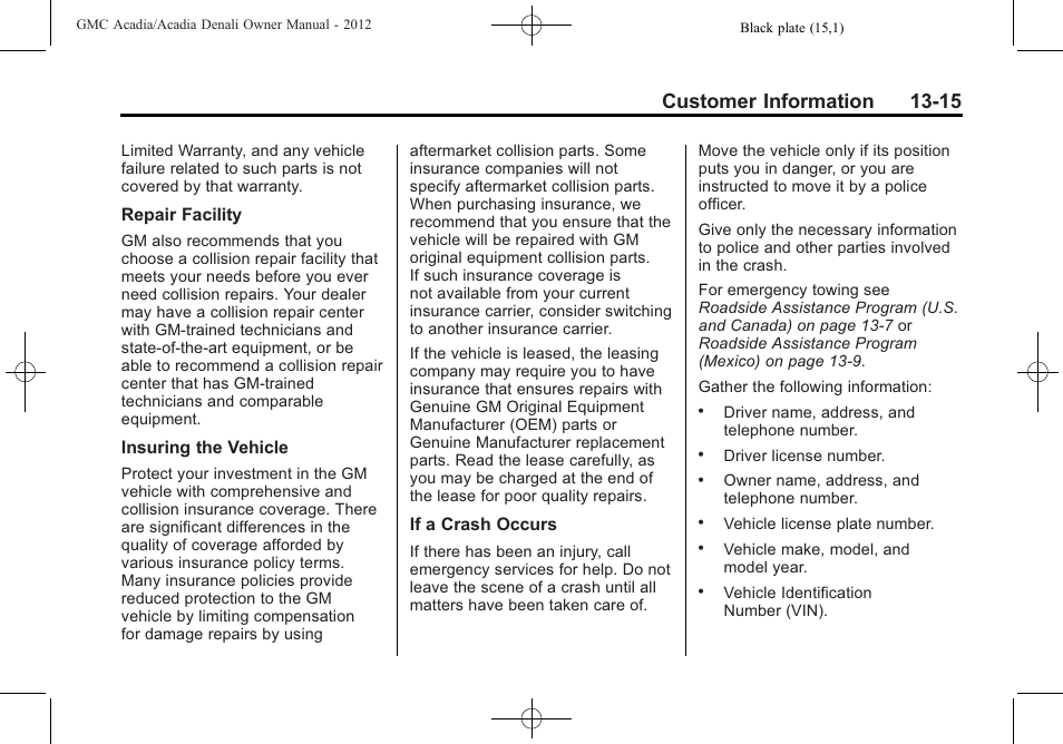 Customer information 13-15 | GMC 2012 Acadia User Manual | Page 431 / 456