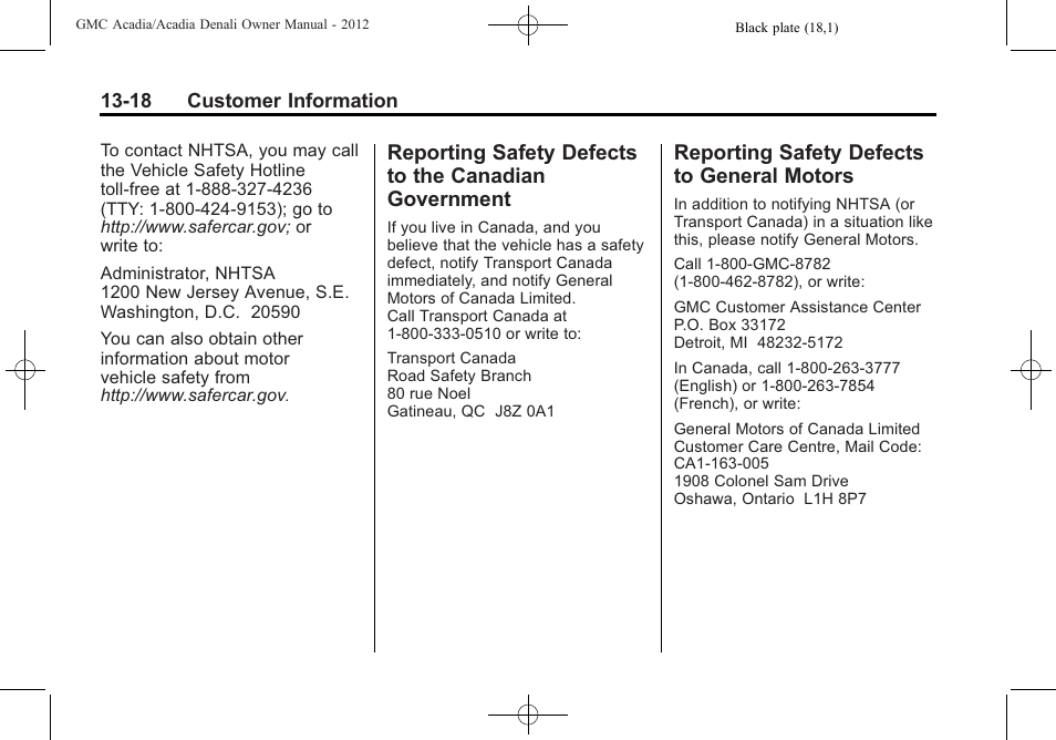 Reporting safety defects to general motors, Reporting safety defects to, Canadian government -18 | Defects to, General motors -18 | GMC 2012 Acadia User Manual | Page 434 / 456