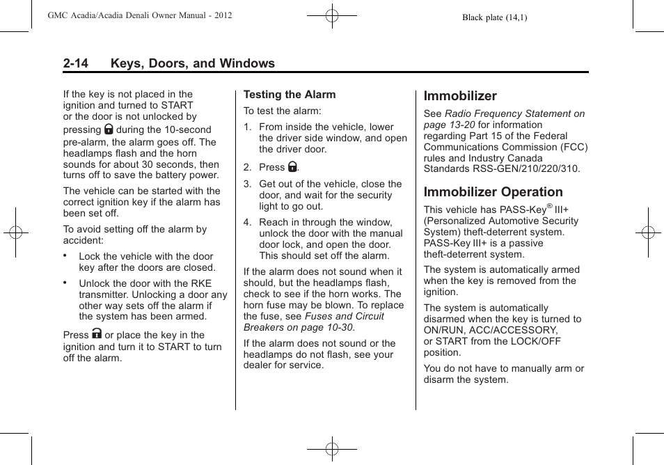 Immobilizer, Immobilizer operation, Immobilizer -14 immobilizer operation -14 | 14 keys, doors, and windows | GMC 2012 Acadia User Manual | Page 44 / 456