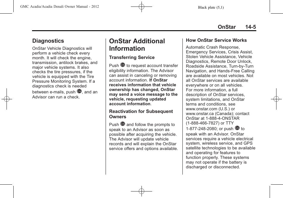 Diagnostics, Onstar additional information, Onstar additional | Information -5, Diagnostics -5 | GMC 2012 Acadia User Manual | Page 441 / 456