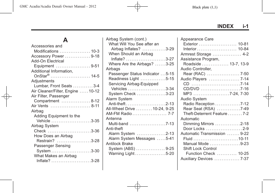 Index, Index_a, Index i-1 | GMC 2012 Acadia User Manual | Page 445 / 456