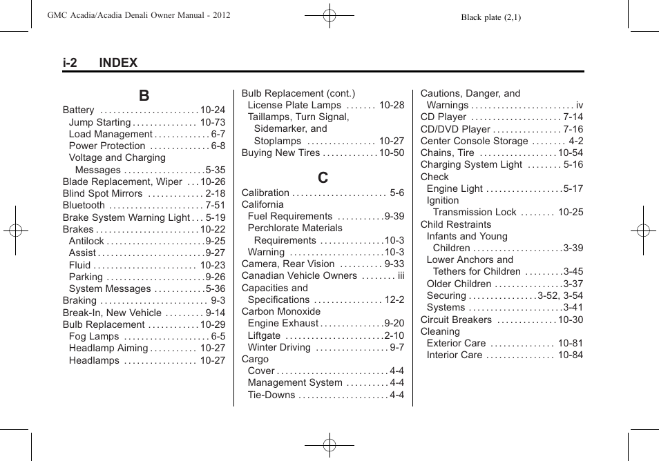 Index_b, Index_c, I-2 index | GMC 2012 Acadia User Manual | Page 446 / 456