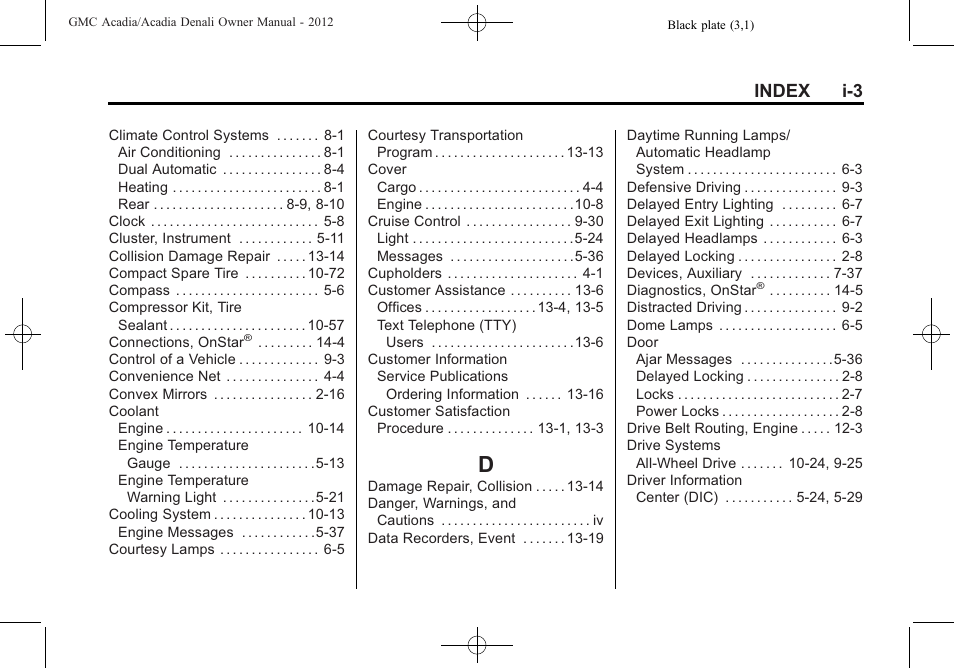 Index_d, Index i-3 | GMC 2012 Acadia User Manual | Page 447 / 456