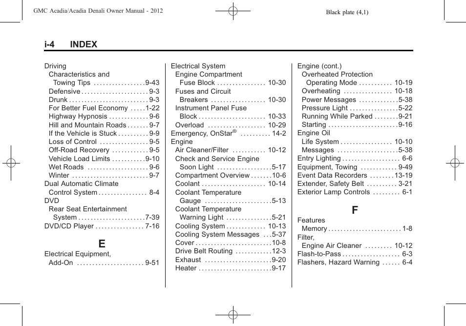 Index_e, Index_f, I-4 index | GMC 2012 Acadia User Manual | Page 448 / 456