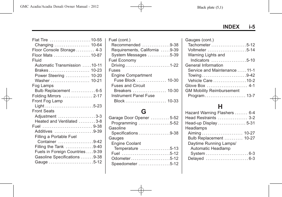 Index_g, Index_h, Index i-5 | GMC 2012 Acadia User Manual | Page 449 / 456