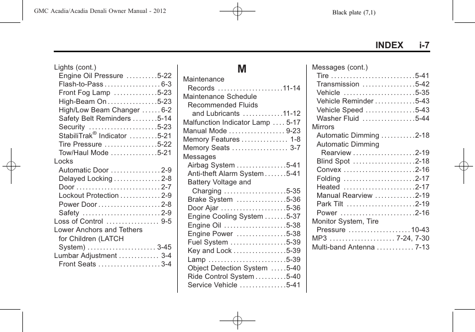 Index_m, Index i-7 | GMC 2012 Acadia User Manual | Page 451 / 456