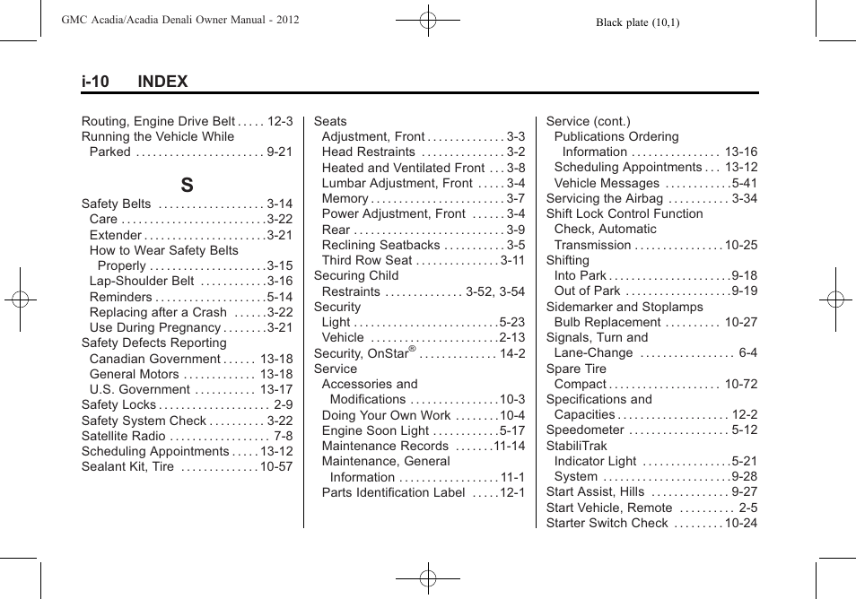 Index_s, I-10 index | GMC 2012 Acadia User Manual | Page 454 / 456