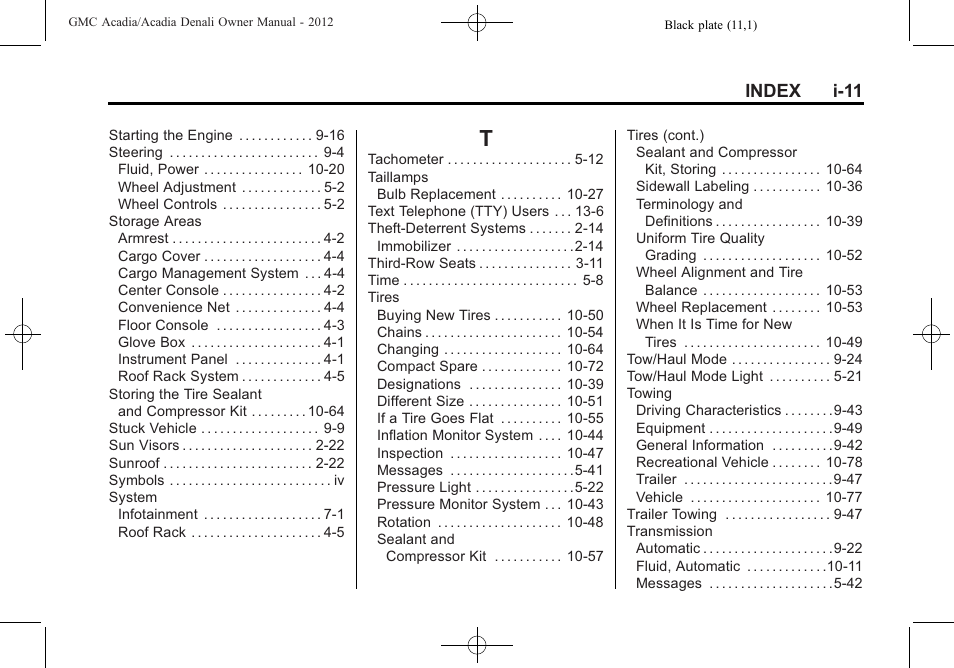 Index_t, Index i-11 | GMC 2012 Acadia User Manual | Page 455 / 456