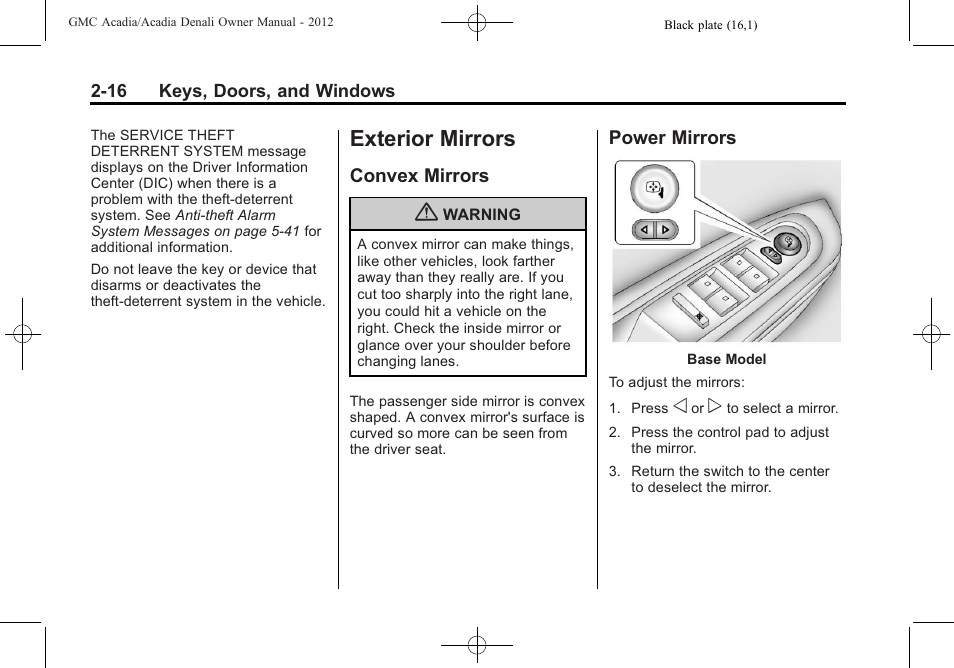 Exterior mirrors, Convex mirrors, Power mirrors | Exterior mirrors -16, Universal remote, Convex mirrors -16, Mirrors -16 | GMC 2012 Acadia User Manual | Page 46 / 456
