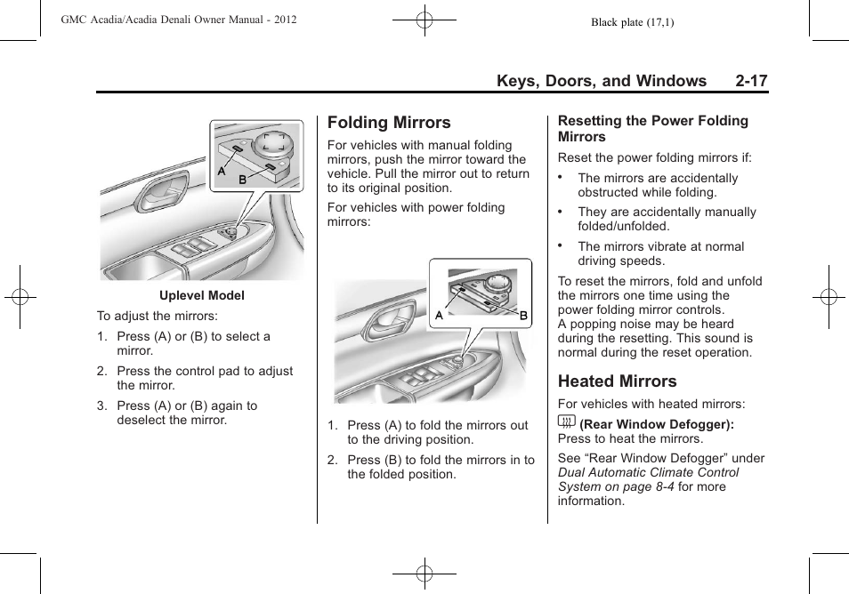 Folding mirrors, Heated mirrors, Mirrors -17 heated mirrors -17 | Keys, doors, and windows 2-17 | GMC 2012 Acadia User Manual | Page 47 / 456