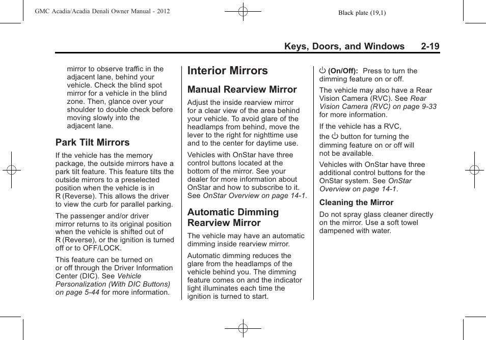 Park tilt mirrors, Interior mirrors, Manual rearview mirror | Automatic dimming rearview mirror, Interior mirrors -19, Park tilt mirrors -19, Rearview mirror -19 automatic dimming rearview, Mirror -19 | GMC 2012 Acadia User Manual | Page 49 / 456