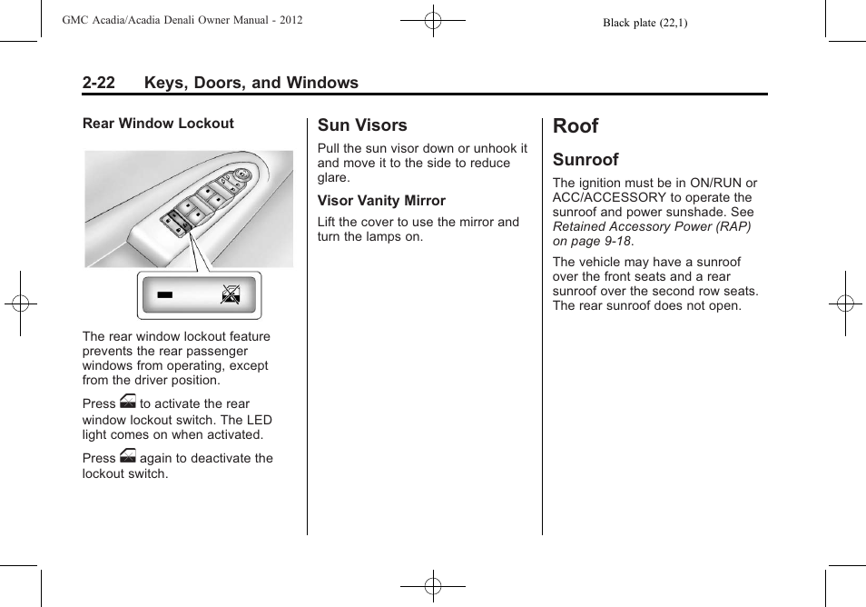 Sun visors, Roof, Sunroof | Roof -22, Sun visors -22, Sunroof -22 | GMC 2012 Acadia User Manual | Page 52 / 456
