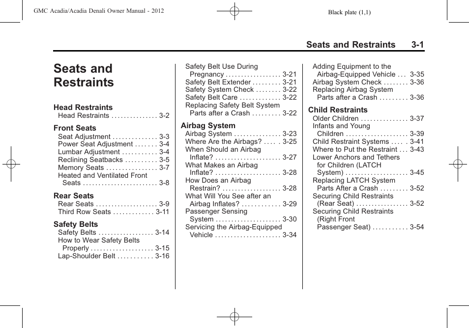 Seats and restraints, Seats and restraints -1, Seats and restraints 3-1 | GMC 2012 Acadia User Manual | Page 55 / 456