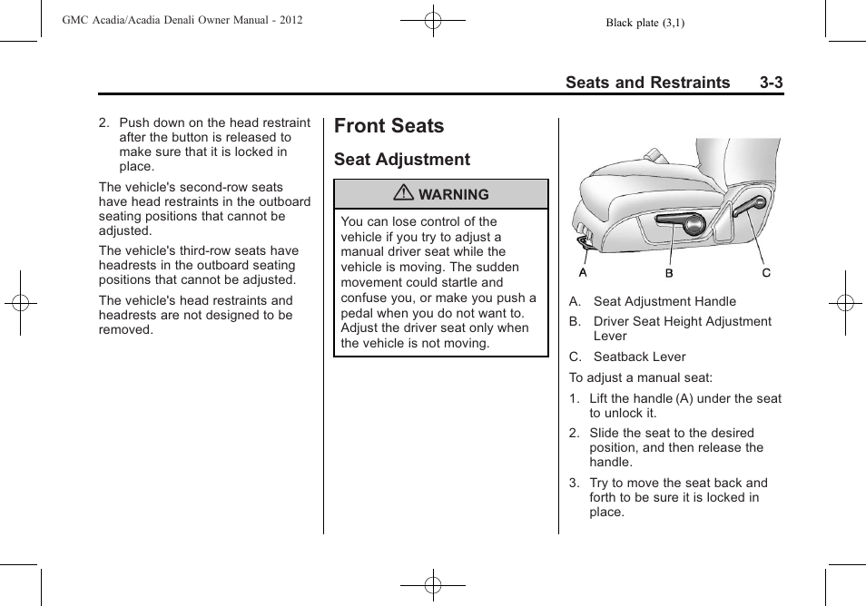 Front seats, Seat adjustment, Front seats -3 | Seat adjustment -3 | GMC 2012 Acadia User Manual | Page 57 / 456