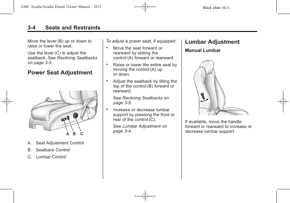 Power seat adjustment, Lumbar adjustment, Power seat adjustment -4 lumbar adjustment -4 | When, 4 seats and restraints | GMC 2012 Acadia User Manual | Page 58 / 456
