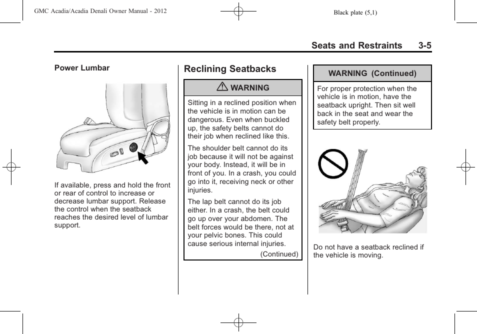 Reclining seatbacks, Reclining seatbacks -5 | GMC 2012 Acadia User Manual | Page 59 / 456